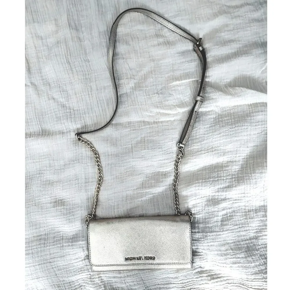 Michael Kors Jet Set Travel Saffiano Metallic Gold Wallet on Chain Crossbody Bag